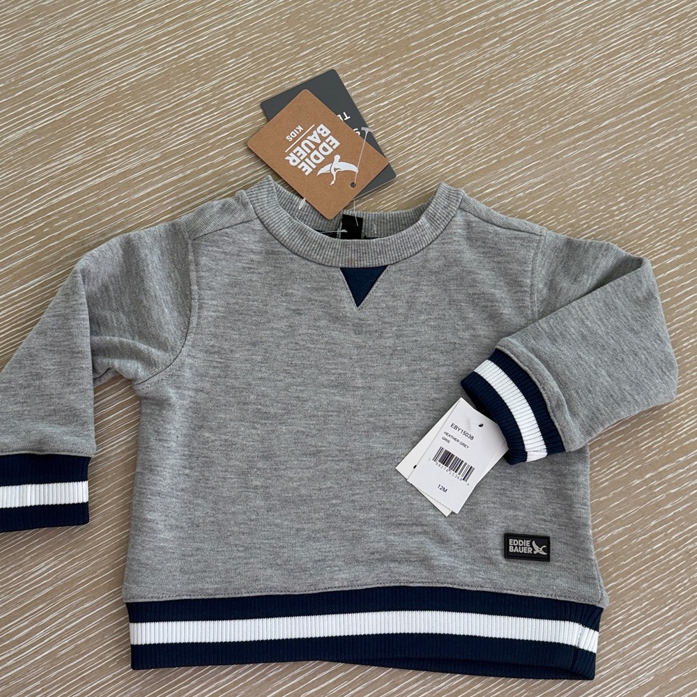 Eddie Bauer Grey Baby Boy Sweatshirt Hoodie and Shorts Set with Navy Trim 12 M - Picture 3 of 9